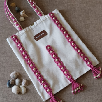 bolso de lino rosa de macrame
